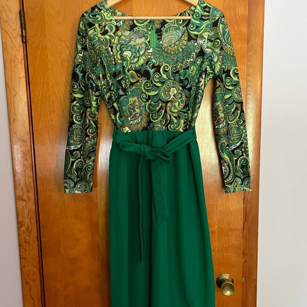 Vintage 70's Green Paisley Belted Maxi Dress
